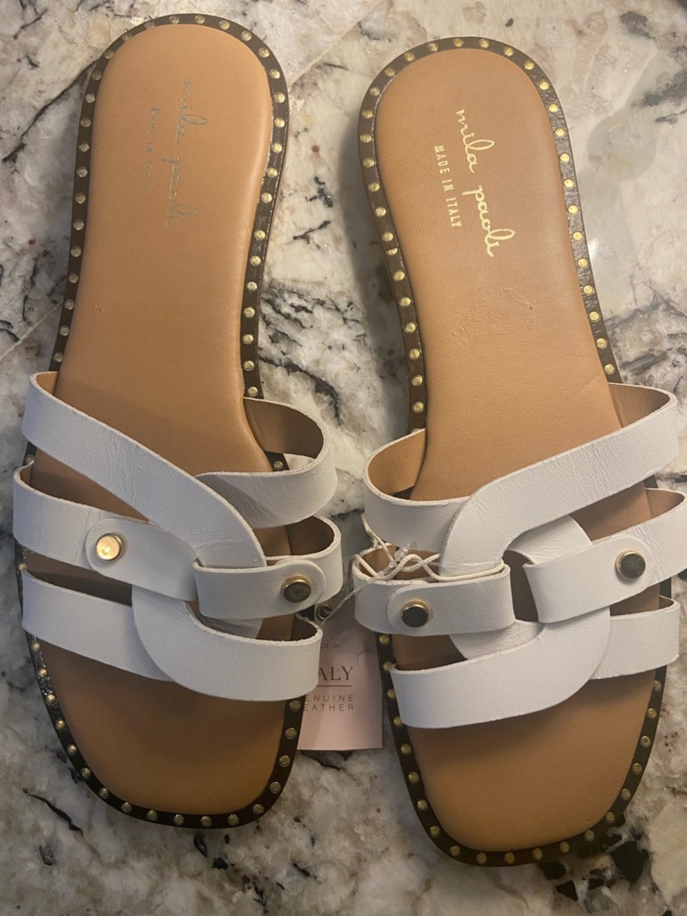 Mila Paoli White Leather Studded Slide Sandals Woman’s Size 9.5 - Picture 3 of 6